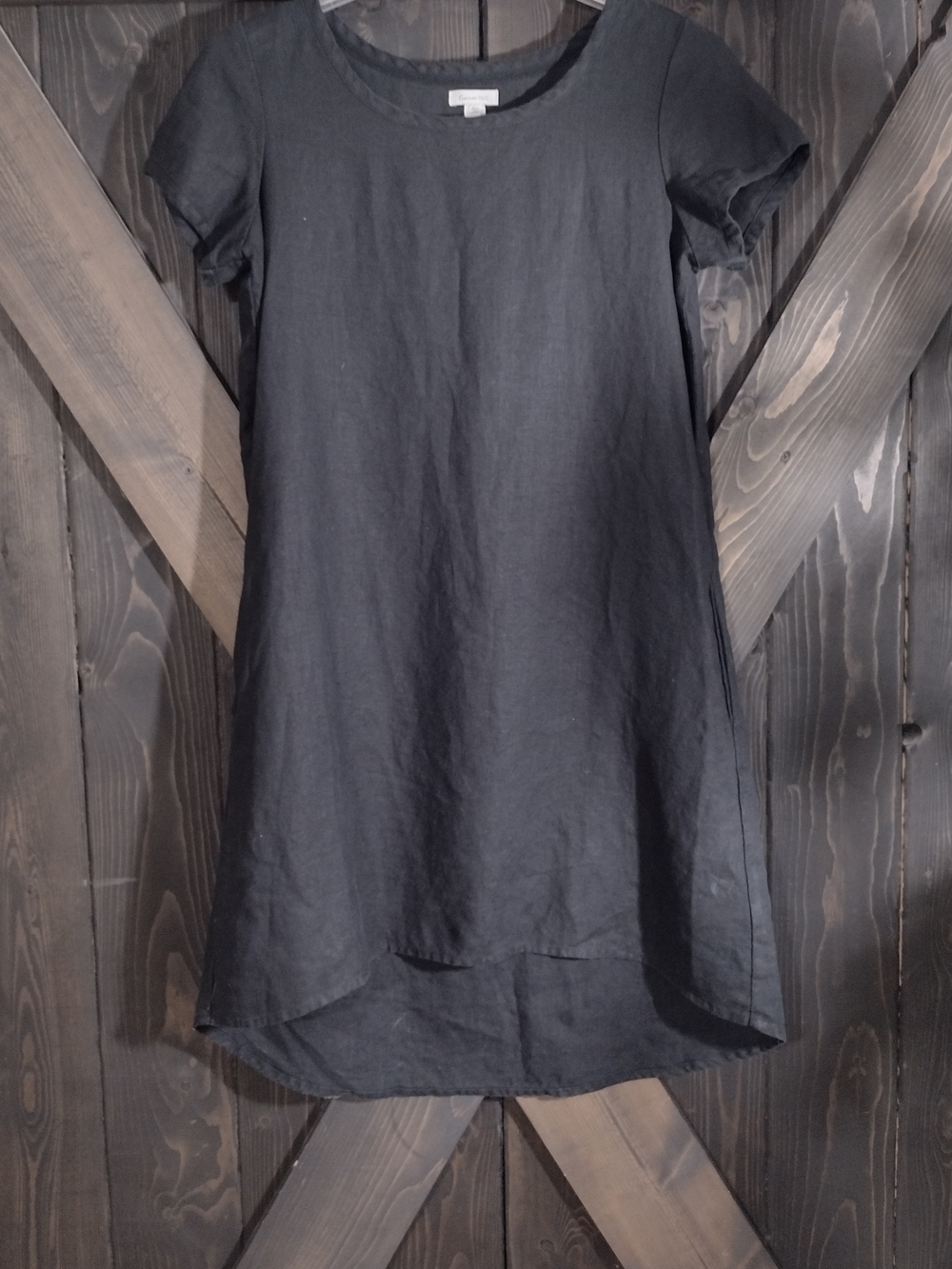 Garnet Hill 100% Linen Black Dress High-Low Linen Short Sleeve Dress Size 8